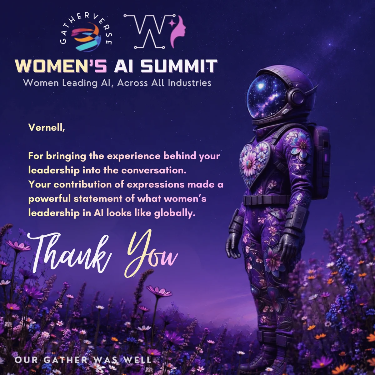 GatherVerse Women's AI Summit thank-you note to Vernell Rixner for her leadership contribution