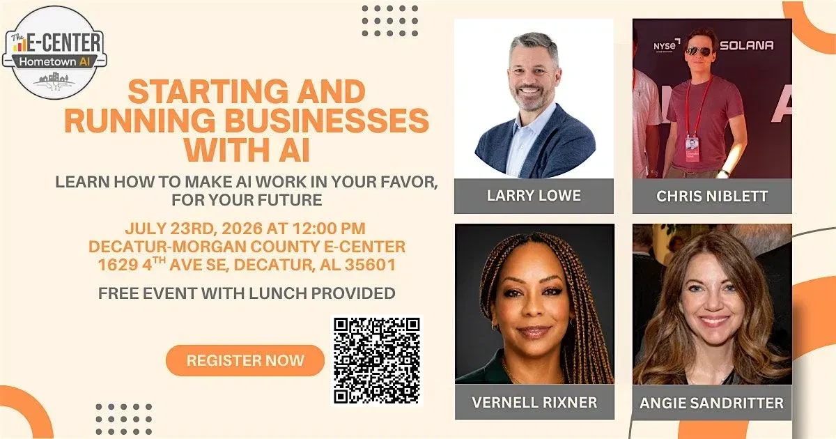 Hometown AI Series flyer, Starting and Running Businesses with AI