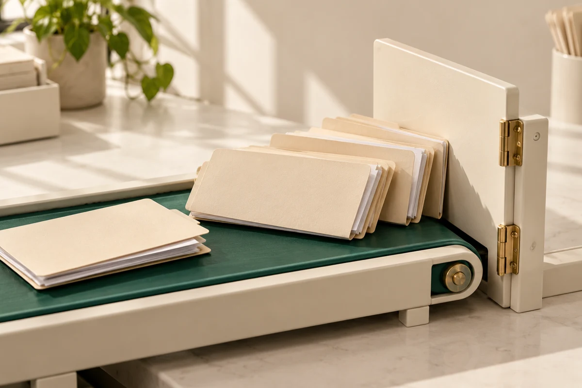 Client folders backing up on a conveyor at a closed gate, illustrating a blocked workflow.
