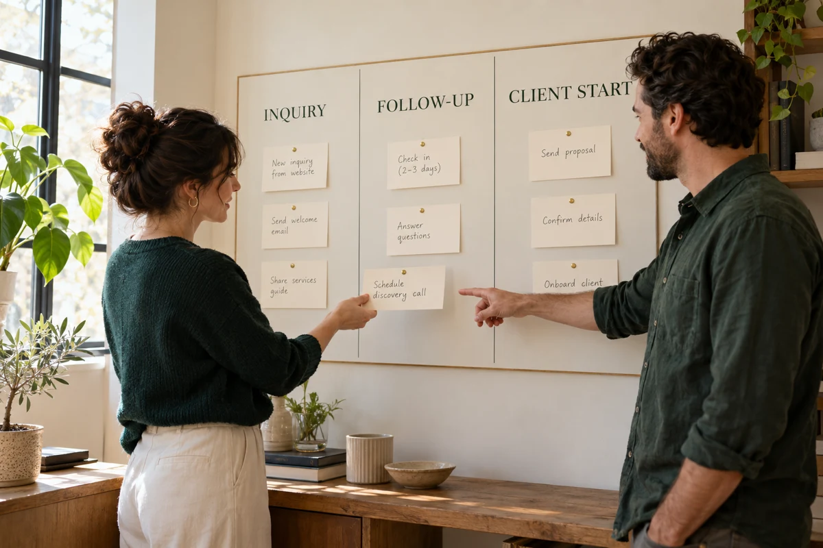 Two colleagues reviewing inquiry, follow-up, and client-start steps on a workflow board.