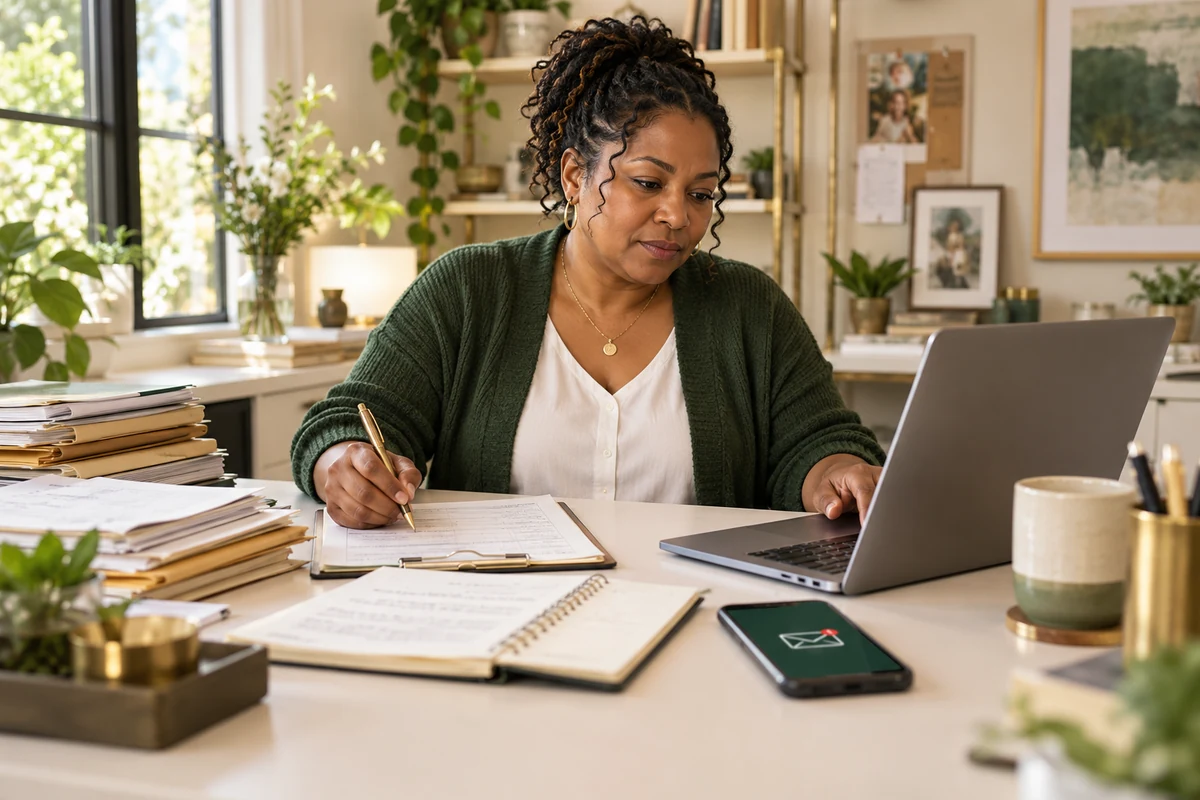 A service business owner manually moving client information between paperwork, a laptop, and a phone.